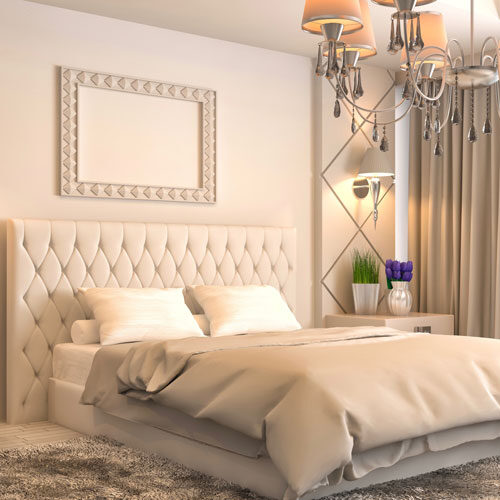master bedroom with custom upholstery and bed linens